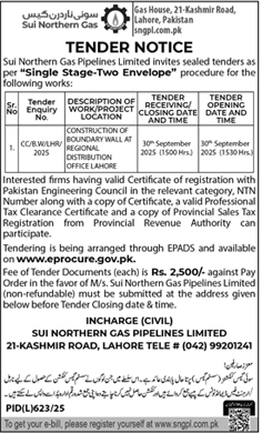 Sui Northern Gas Company Limited Lahore Tender Notice
